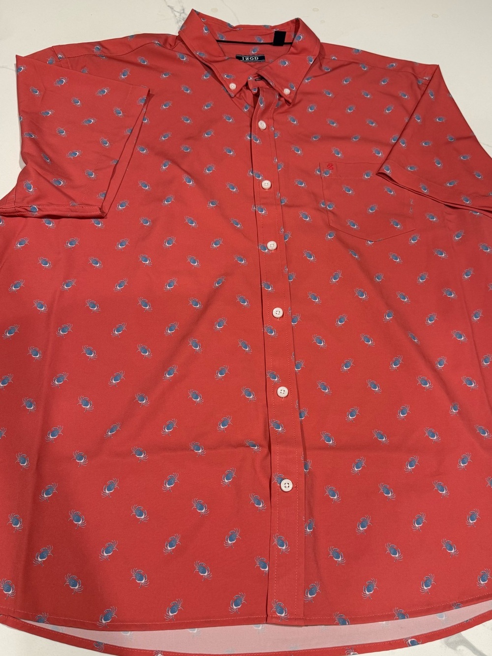 Izod Coral-Red Short Sleeve Button-Up with Blue Crab Motif
